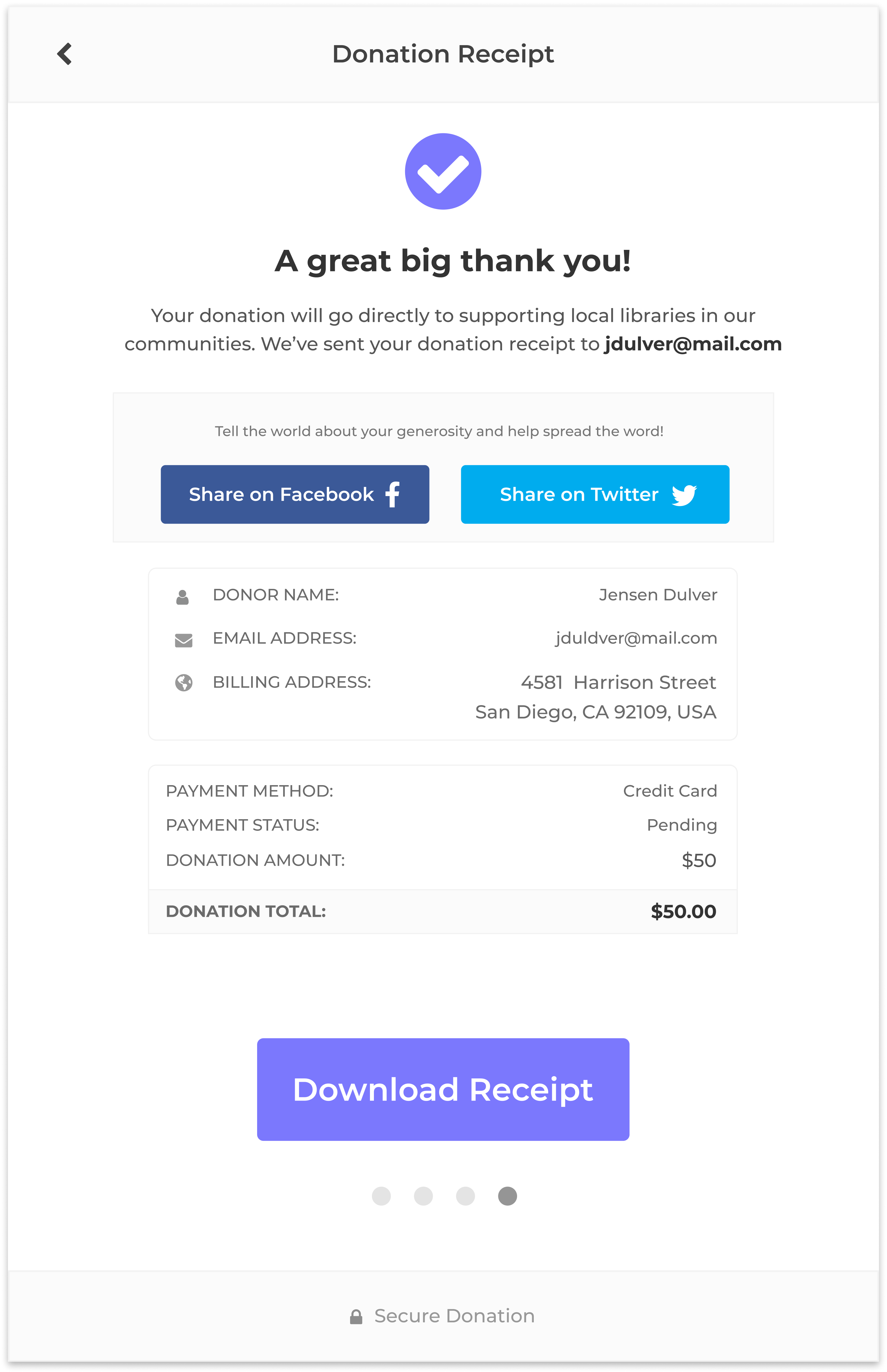 A sample donation receipt with facebook and twitter sharing buttons